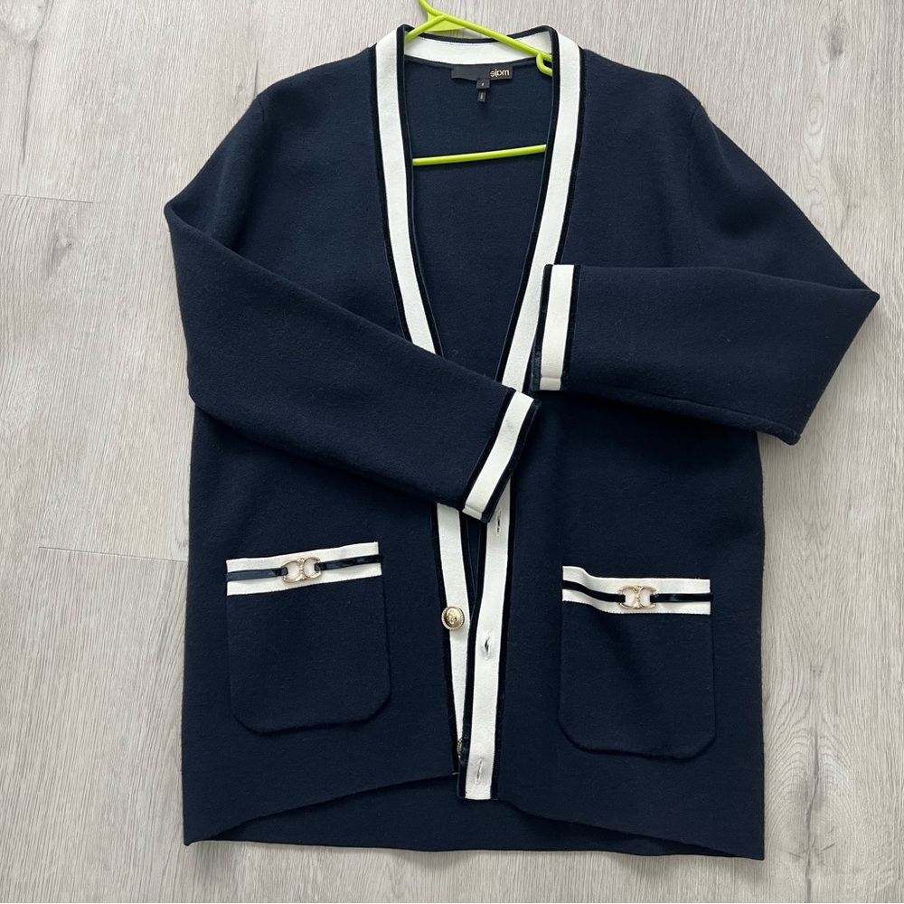 Maje sweater cardigan in color navy with white trim